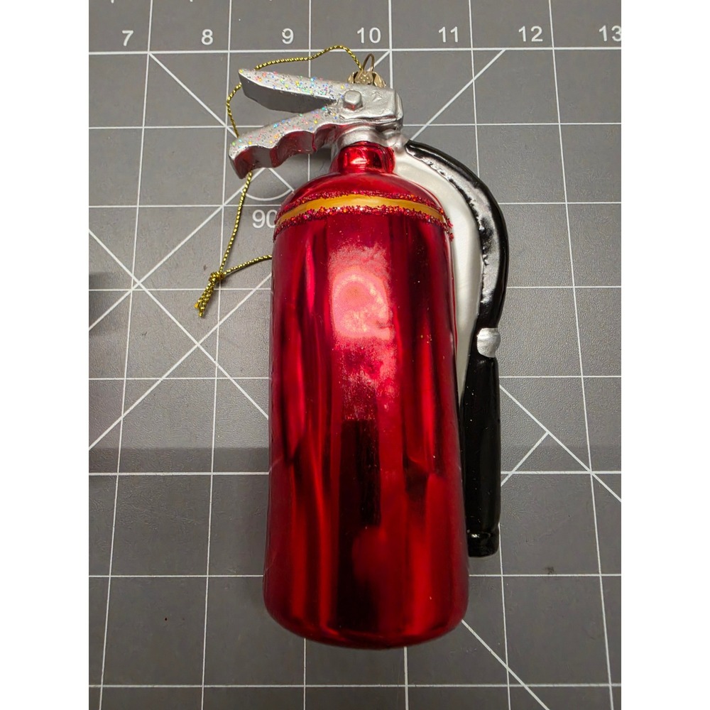 Glass Fire Extinguisher Christmas Ornament Red Glitter AFF Foam Spray 5 inch